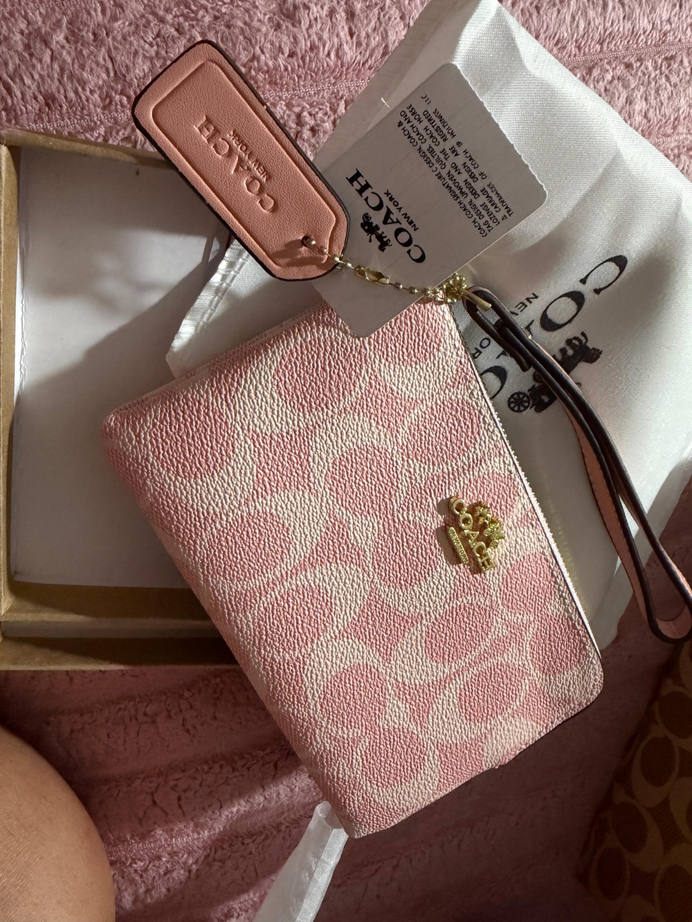 Coach Pink Signature Wristlet Pouch with Gold Logo